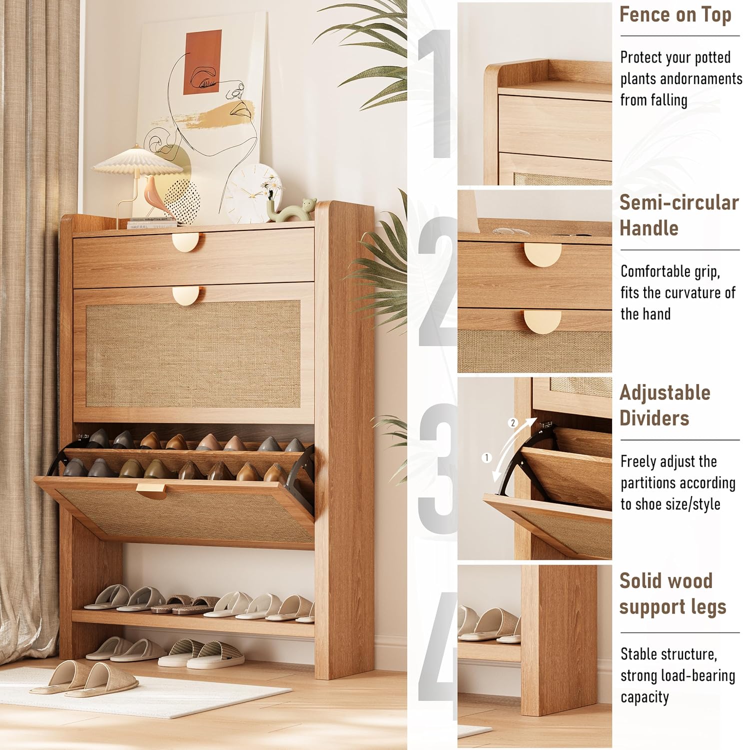 INNOD Rattan Shoe Storage Cabinet, Shoe Organizer with 2 Flip Drawers, Narrow Shoe Cabinet, Free Standing Hidden Shoe Storage, Shoe Rack for Entryway/Hallway/Closet, Natural Oak