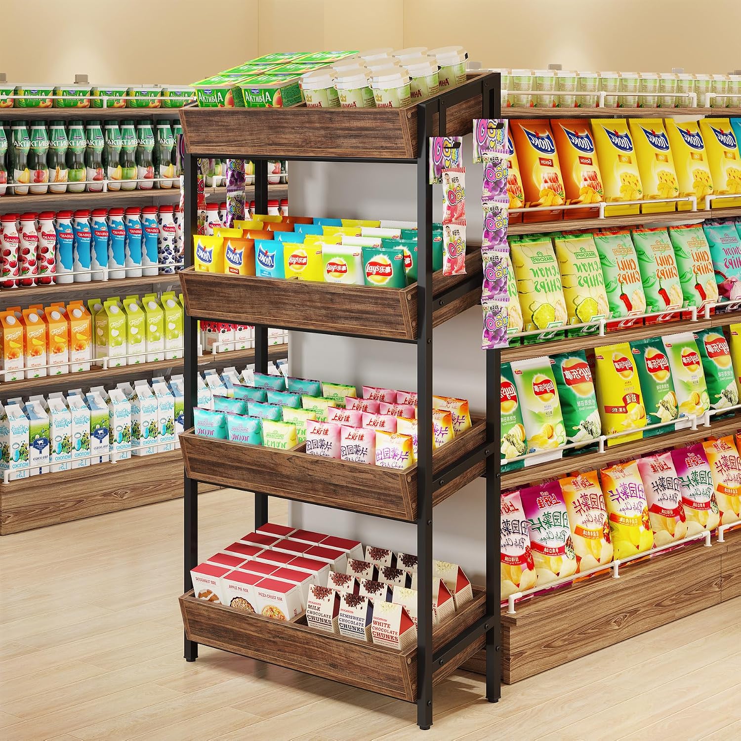 Tribesigns 4-Tier Retail Snack Display Shelf, Snack Rack Display Stand with 4 Hooks, Retail Shelves Racks for Vendors, Store, Supermarket and Home Kitchen