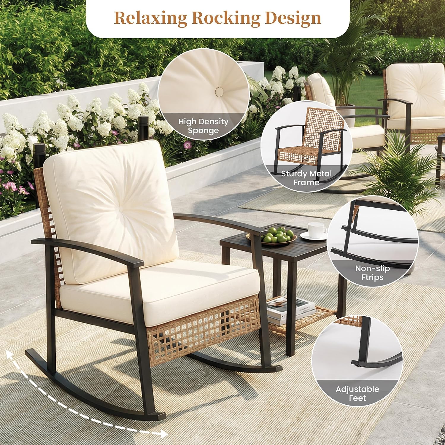 COSIEST 3-Piece Outdoor Rocking Chairs Bistro Set, Rattan Patio Furniture with Thick Warm Beige Cushions & 2-Tier Storage Coffee Table for Garden, Porch, Balcony,Backyard