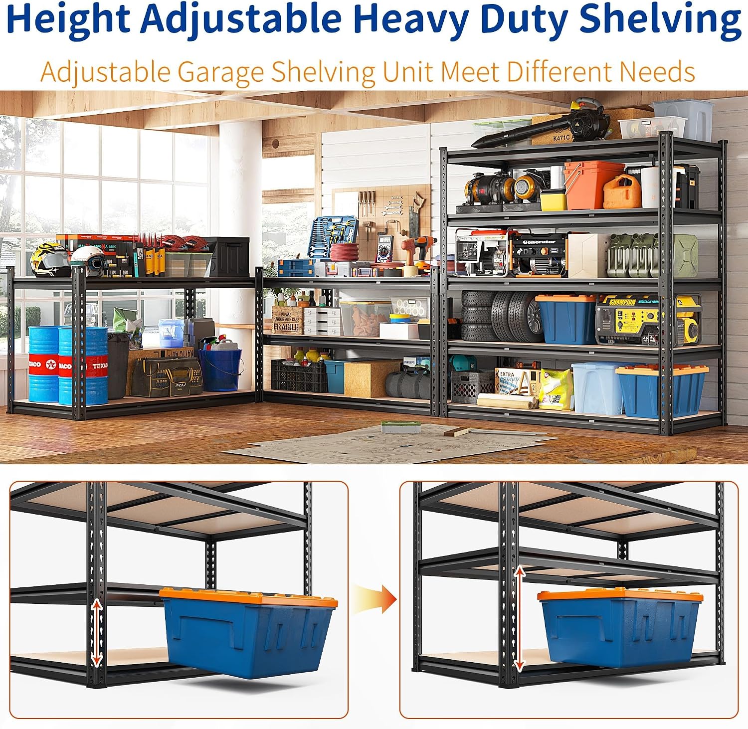 REIBII 48' W Garage Shelving 3020LBS Storage Shelves 5 Tier Industrial Shelving Adjustable Metal Storage Shelves for Garage, Basement, Warehouse, Commercial, Easy Assemble, 48' W x 72' H x 24' D, 2PC
