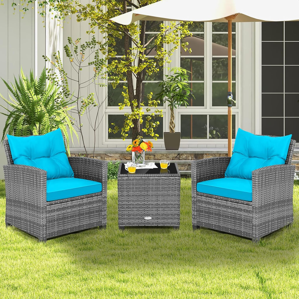 Tangkula 3 Pieces Patio Furniture Set, Outdoor PE Rattan Conversation Chair Set with Tempered Glass Side Table and Removable Cushions, PE Wicker Chairs and Table Set for Porch, Balcony and Garden