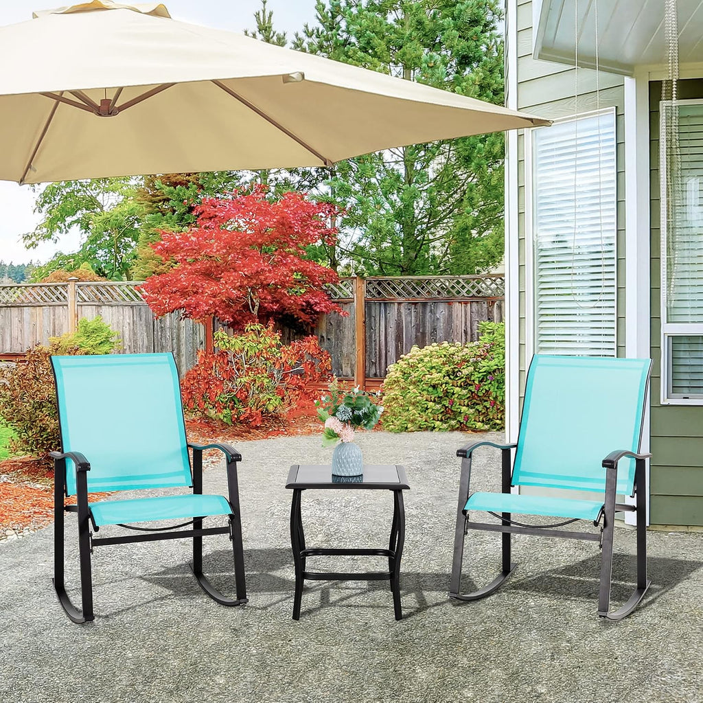 Vongrasig 3 Piece Outdoor Rocking Bistro Set, Textilene Fabric Small Patio Furniture Set, Front Porch Rocker Chairs Conversation Set with Glass Table for Lawn, Garden, Balcony, Poolside (Blue)