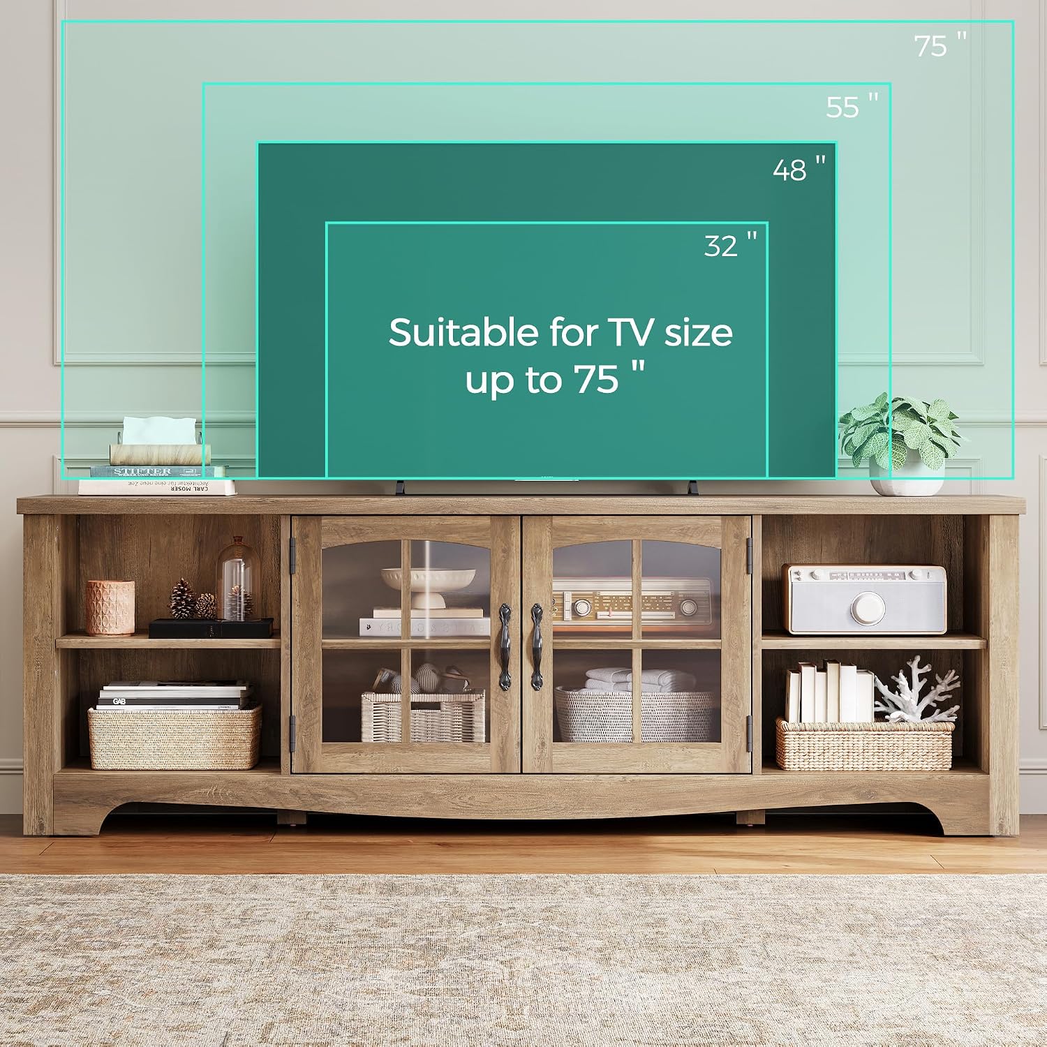 LINSY HOME TV Stand for 75 Inch TV, Modern Farmhouse Entertainment Center with Storage Cabinets and Glass Doors, Tall Media Console Table for Living Room, Bedroom, Large Long Television Stand, Brown