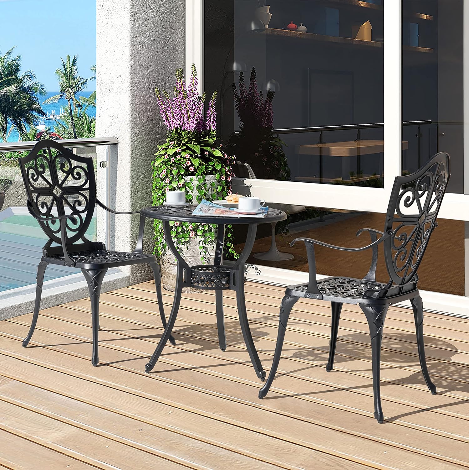 NUU GARDEN Bistro Set 3 Piece Outdoor, Cast Aluminum Patio Bistro Sets with Umbrella Hole, Bistro Table and Chairs Set of 2 for Patio Backyard