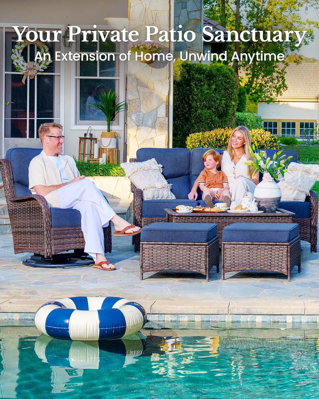 HILLGA 6-Piece Luxury Patio Furniture Set with 6' Thick Cushions, Weather-Resistant Wicker High Back Swivel Rocker Chairs, Senior-Friendly Outdoor Loveseat Set for Deck, Yard and Poolside, Blue(V2)