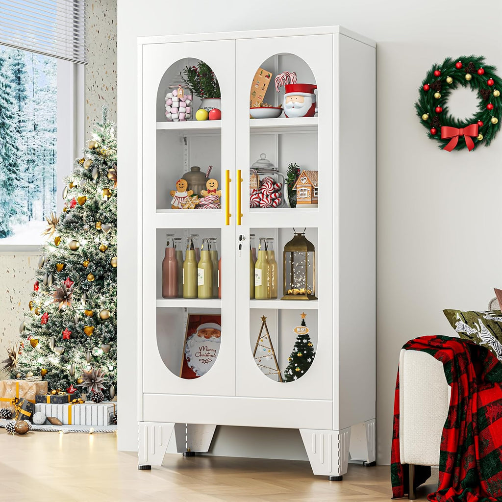 GAIOUS 47' Tall Metal Curio Cabinet, Display Storage Cabinet with Glass Door, 4 Tier Liquor Cabinet with 3 Adjustable Shelves, Locking Glass Display Case for Collectibles, Showcase Cabinets, White