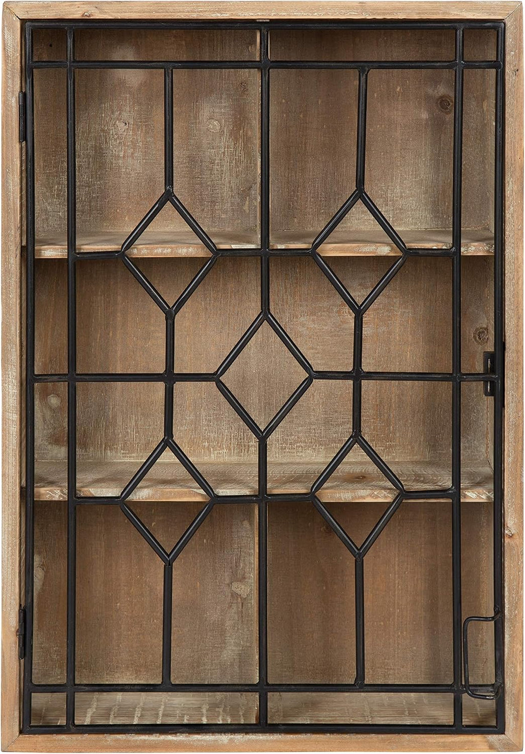 Kate and Laurel Megara Decorative Wooden Wall Hanging Curio Cabinet for Open Storage with Decorative Black Iron Door, Rustic Brown