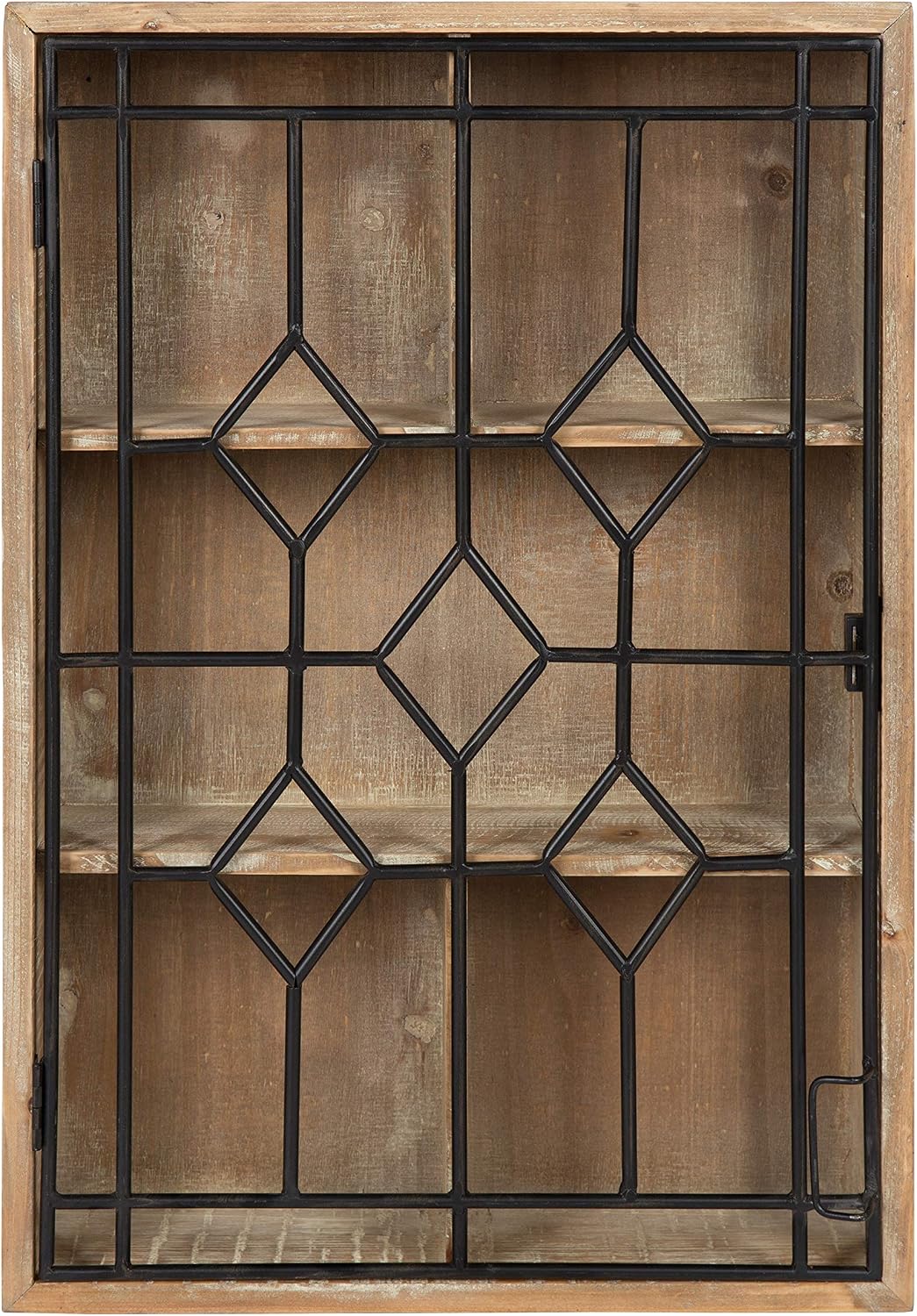 Kate and Laurel Megara Decorative Wooden Wall Hanging Curio Cabinet for Open Storage with Decorative Black Iron Door, Rustic Brown
