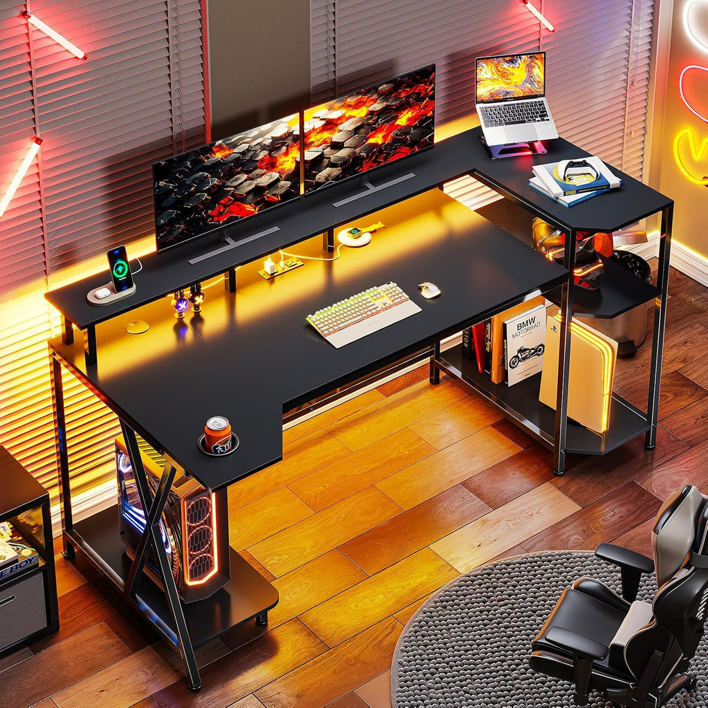 SEDETA Gaming Desk 55'' with LED Lights and Storage Shelves, Computer Desk with Monitor Stand, Power Outlets and Cup Holder, Large PC Gamer Desk, Gaming Table for Bedroom, Living Room, Black