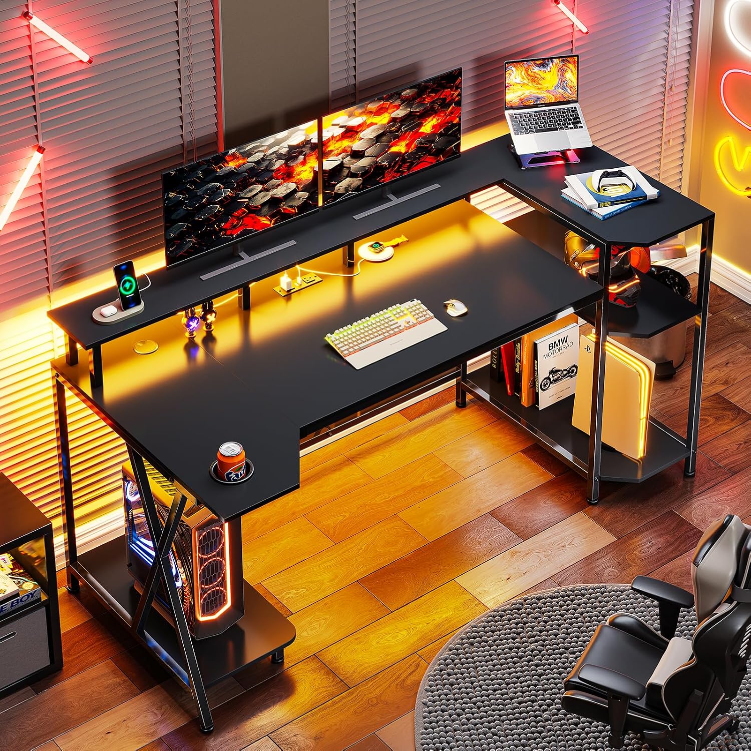 SEDETA Gaming Desk 55'' with LED Lights and Storage Shelves, Computer Desk with Monitor Stand, Power Outlets and Cup Holder, Large PC Gamer Desk, Gaming Table for Bedroom, Living Room, Black