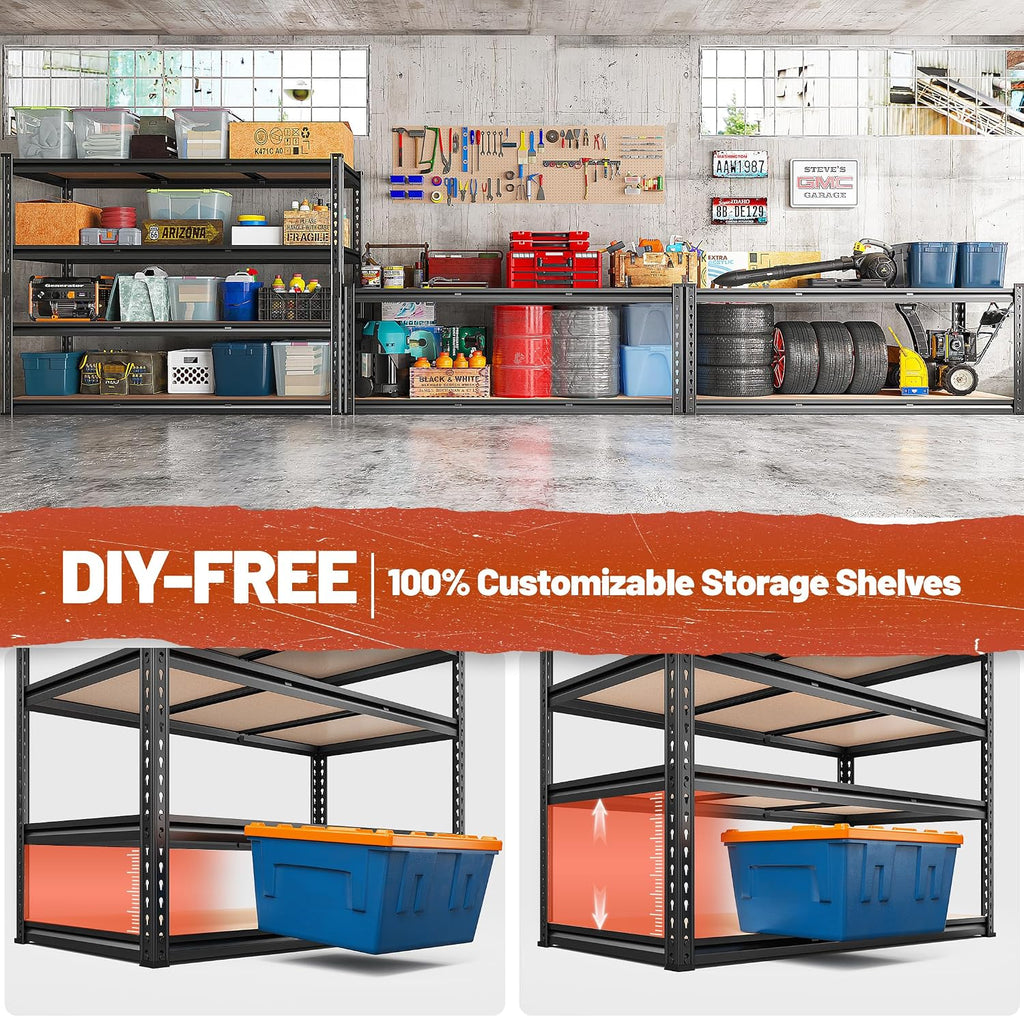 REIBII 48' W Garage Shelving Heavy Duty 2550 LBS Storage Shelves 4 Tier Heavy Duty Shelving, Adjustable Metal Shelves, Industrial Shelf for Garage, Warehouse, Pantry, 48' W x 60' H x 24' D