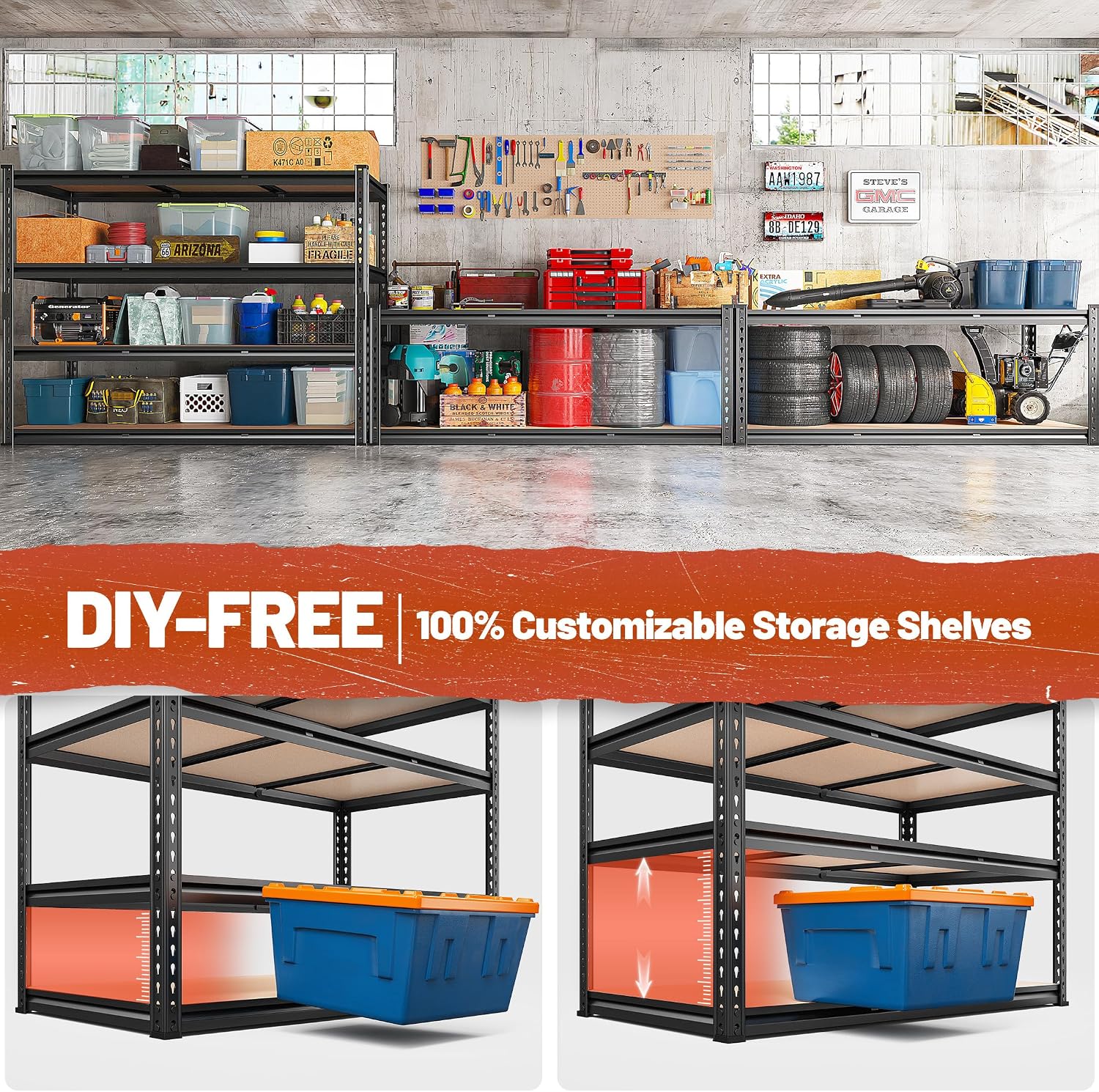 REIBII 48' W Garage Shelving Heavy Duty 2550 LBS Storage Shelves 4 Tier Heavy Duty Shelving, Adjustable Metal Shelves, Industrial Shelf for Garage, Warehouse, Pantry, 48' W x 60' H x 24' D