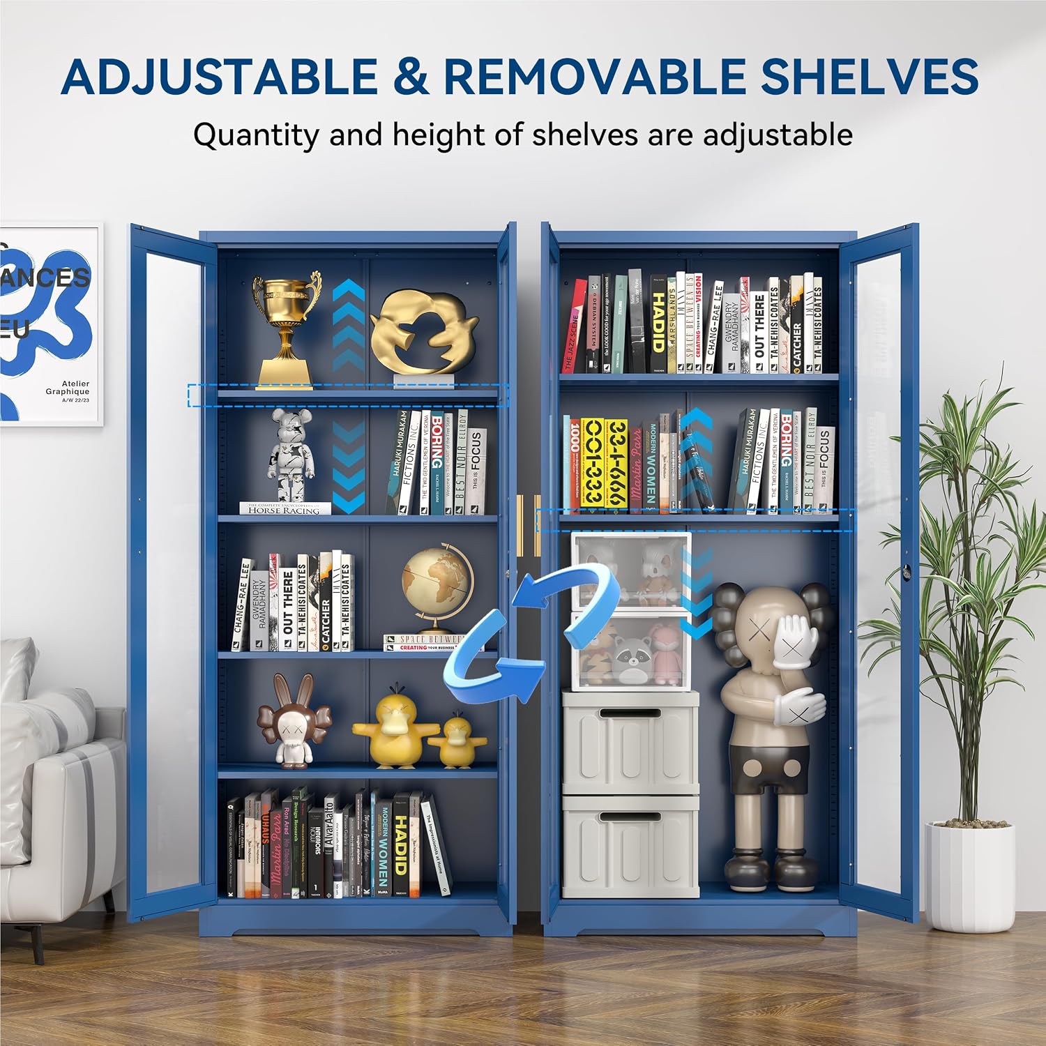 Polup Curio Cabinets with Glass Doors, 71' Glass Display Cabinet with Lock, Tall Bookcase with Adjustable Shelves, Locking China Cabinet for Living Room, School, Commercial, Office, Plant, Blue
