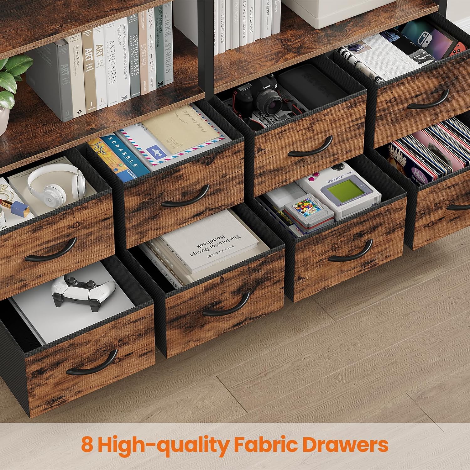 HAUOMS Bookshelf with 8 Fabric Drawers, 7-Tier Bookcase with Baffles Display Shelves, Industrial Large Book Shelf for Living Room Home Office, Rustic Brown