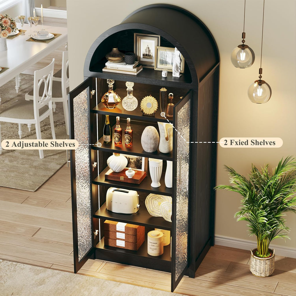 HUAHUU 71' Tall Arched Cabinet with 3 Color Lights, Kitchen Pantry Storage Cabinet with Glass Doors & Adjustable Shelves, Modern 6-Tier Display Cabinets for Living Room, Dining Room, Black