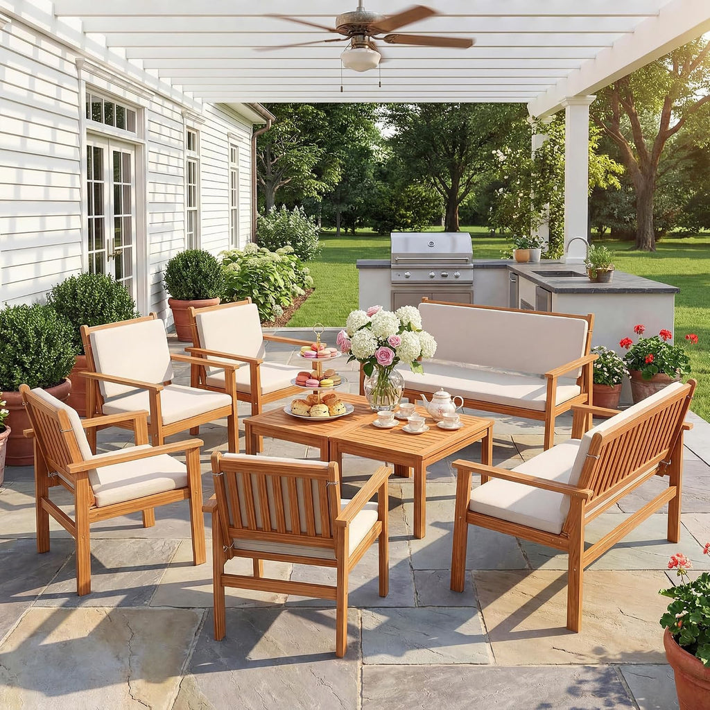 Devoko Patio Furniture Set 8 Pieces Acacia Wood Outdoor Furniture, Patio Set with Table & Cushions for Garden, Deck, Backyard, Natural