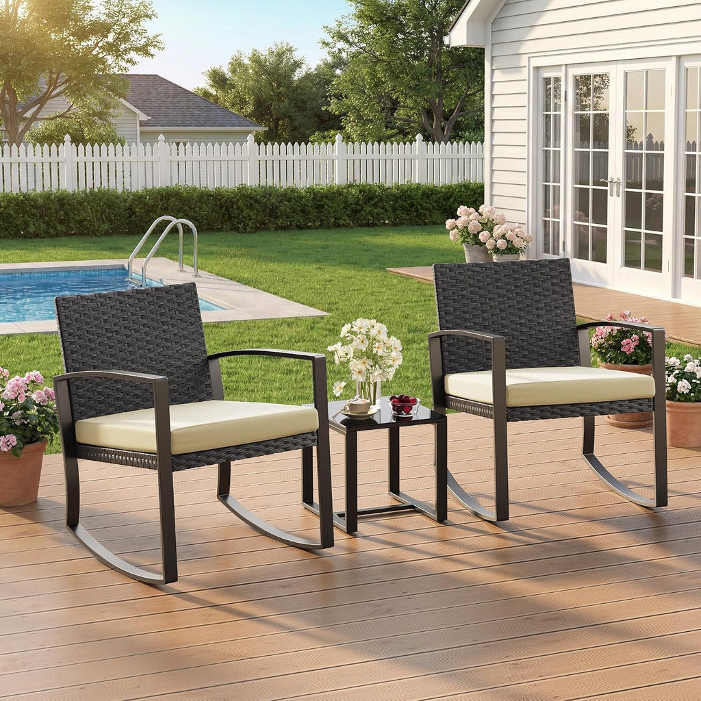 Qsun 3 Pieces Porch Furniture Set Patio Rocking Bistro Set Outdoor Patio Chairs Rattan Conversation Sets with Coffee Table for Front Porch Garden Balcony Backyard Poolside (Beige Cushion)
