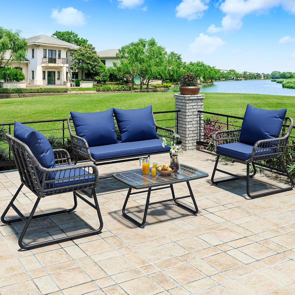 YITAHOME 4 Piece Patio Furniture Set, Wicker Outdoor Bistro Set, All Weather Rattan Patio Conversation Set with Soft Cushions and Glass Side Table for Backyard, Balcony, Deck - Navy Blue
