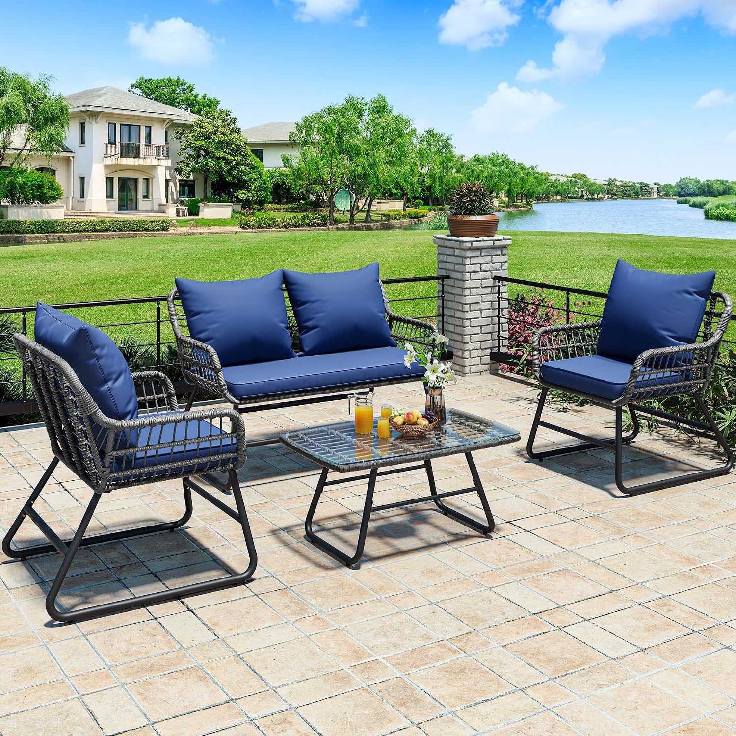 YITAHOME 4 Piece Patio Furniture Set, Wicker Outdoor Bistro Set, All Weather Rattan Patio Conversation Set with Soft Cushions and Glass Side Table for Backyard, Balcony, Deck - Navy Blue