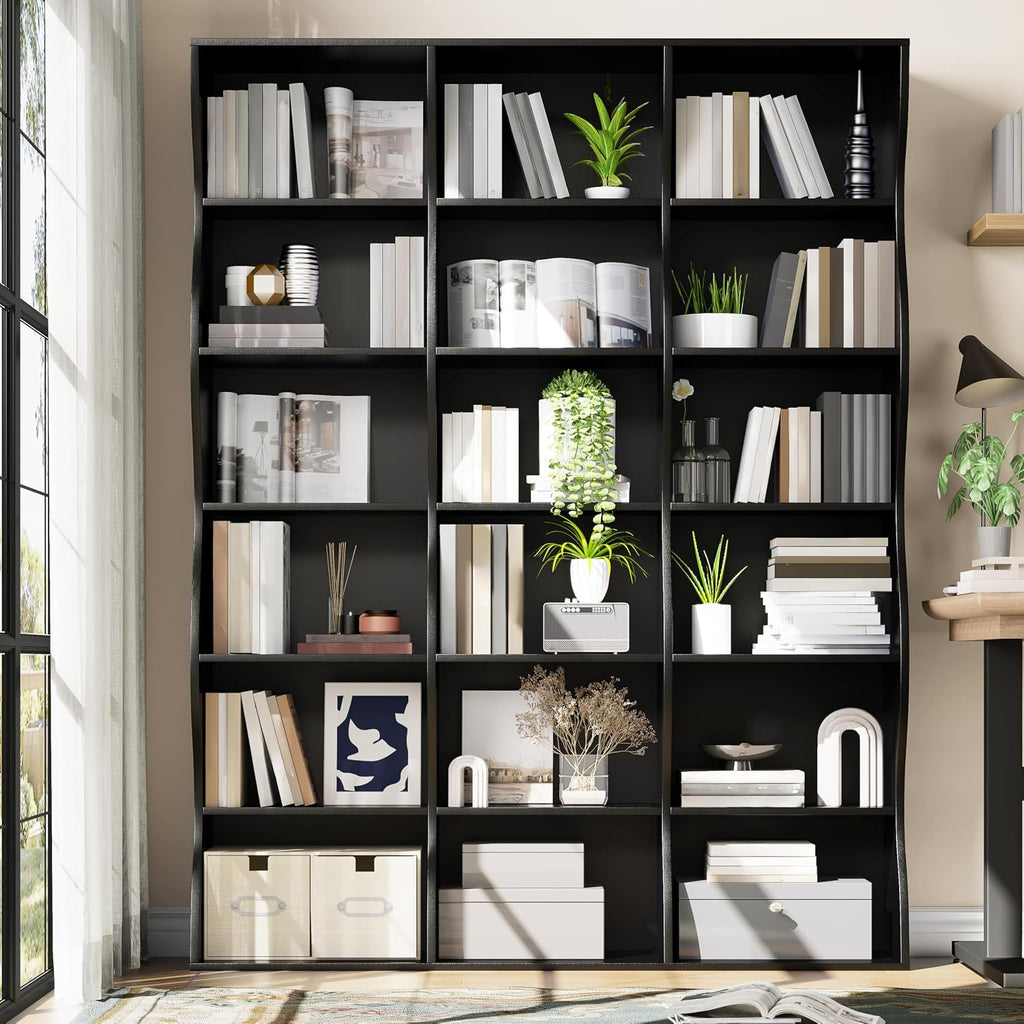 Gyfimoie 71' Triple Wide Bookshelf, 6 Tier Tall Bookcase with Storage, Large Book Shelves with 18 Open Display Shelves, Black Bookcase for Living Room, Study, Home Office, Library (Black)