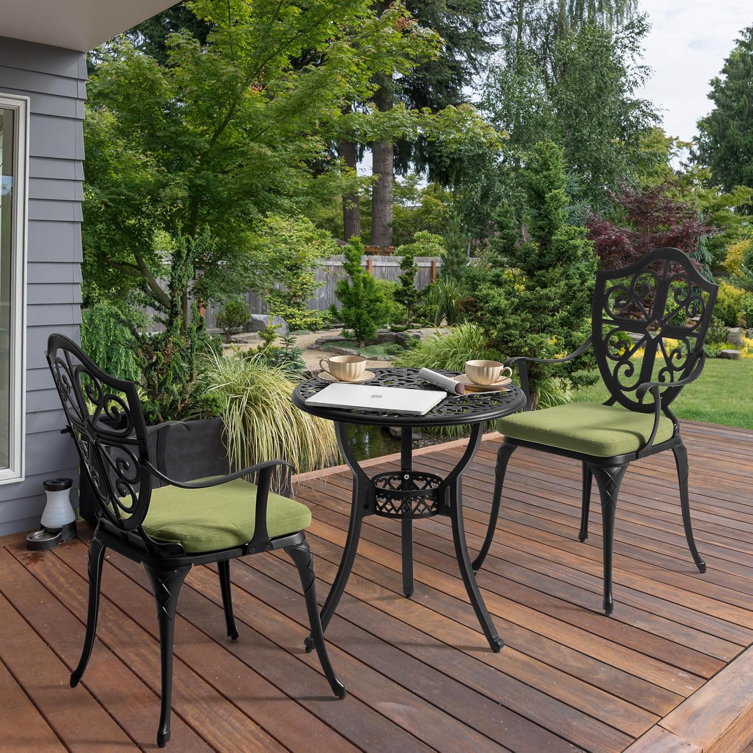 NUU GARDEN Outdoor 3-Piece Bistro Set with Cushions, Round 24 Inch Cast Aluminum Bistro Table with 2.17' Umbrella Hole, 2 Cast Aluminum Bistro Chairs, for Patio, Garden, Backyard and Balcony, Black