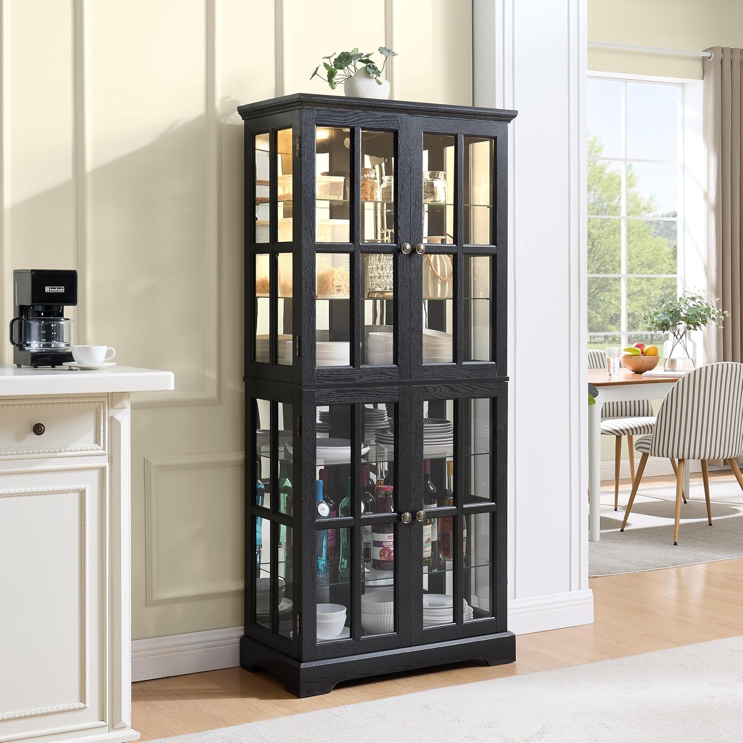 68' H Glass Curio Display Cabinet with Light, 6-Tier Wooden Storage Showcase w/ 4 Glass Doors & Adjustable Shelves, Vintage Accent Cabinet w/Mirrored Back Pane for Home & Office (Black)