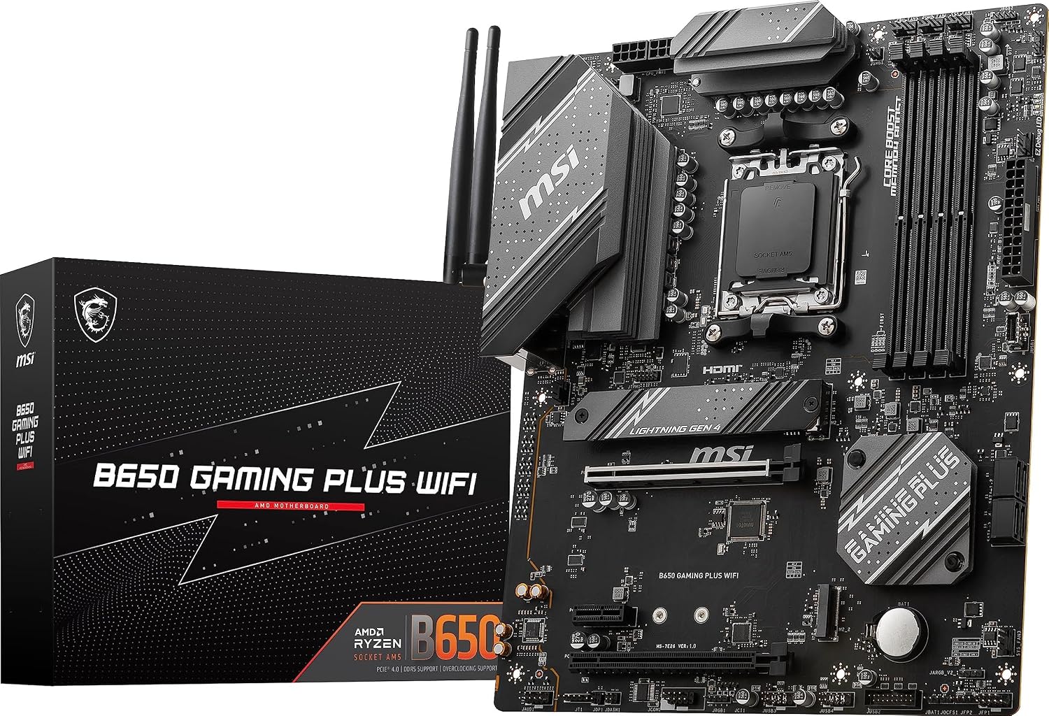 MSI B650 Gaming Plus WiFi Gaming Motherboard (AMD Ryzen 9000/8000/7000 Series Processors, AM5, DDR5, PCIe 4.0, M.2, SATA 6Gb/s, USB 3.2 Gen 2, HDMI/DP, Wi-Fi 6E, Bluetooth 5.3, 2.5Gbps LAN, ATX)