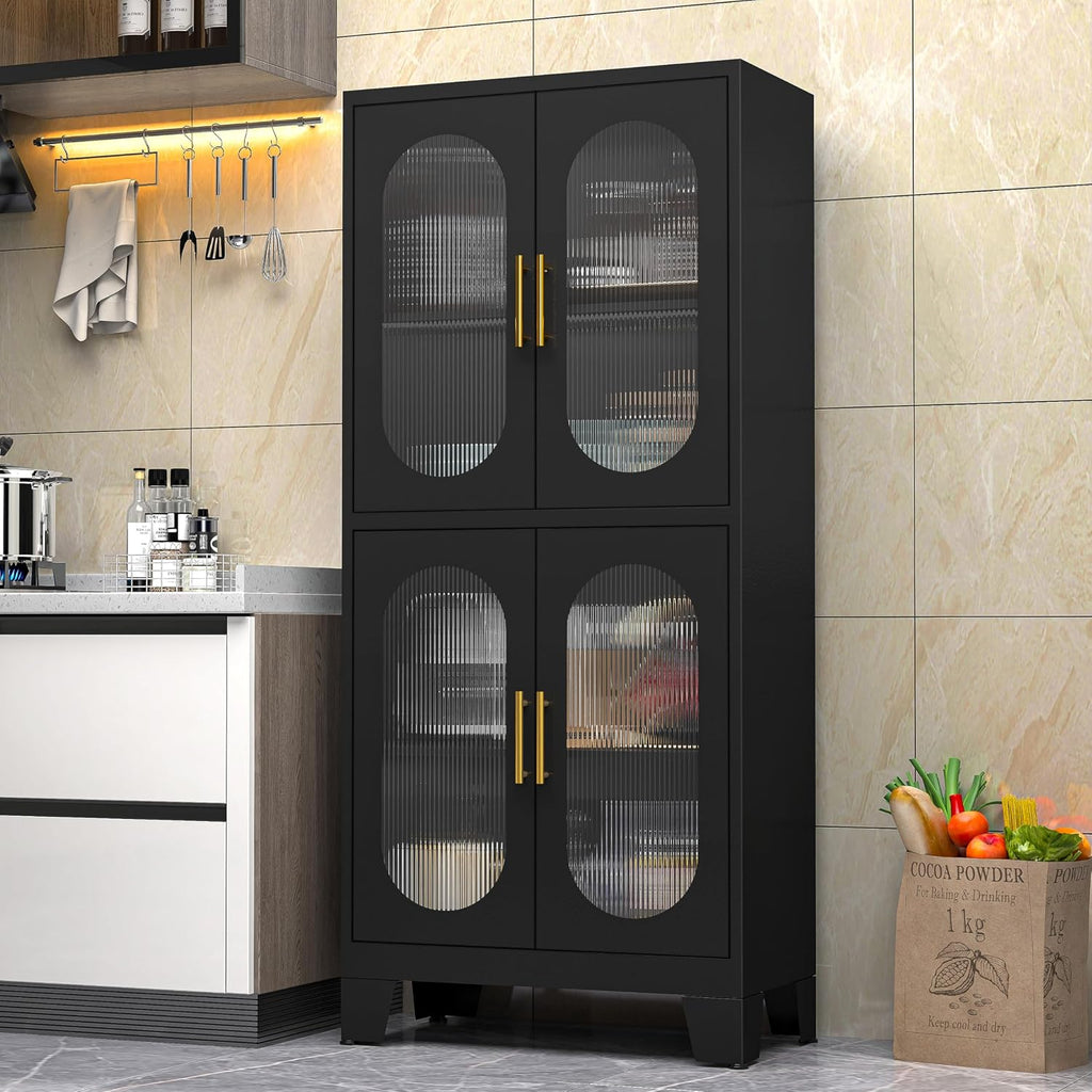 PAOFIN 61' Black Pantry Storage Cabinet, Kitchen Pantry Cabinet with Acrylic Glass Doors and Shelves, with Adjustable Leveling Foot for Kitchen, Living Room and Dining Room. 61'