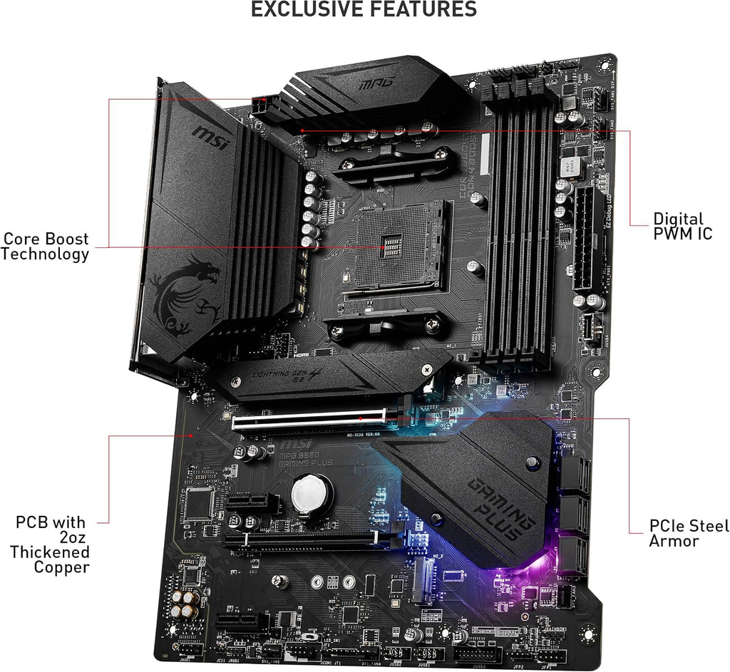 MSI MPG B550 Gaming Plus V1 Gaming Motherboard (AMD Ryzen 5000, AM4, DDR4, PCIe 4.0, SATA 6Gb/s, M.2, USB 3.2 Gen 2, HDMI/DP, ATX)