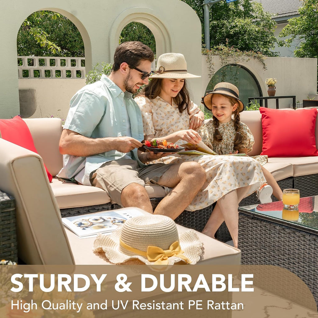 Devoko Patio Furniture Sets 6 Pieces Outdoor Sectional Rattan Sofa Manual Weaving Wicker Patio Conversation Set with Glass Table and Cushion (Beige)