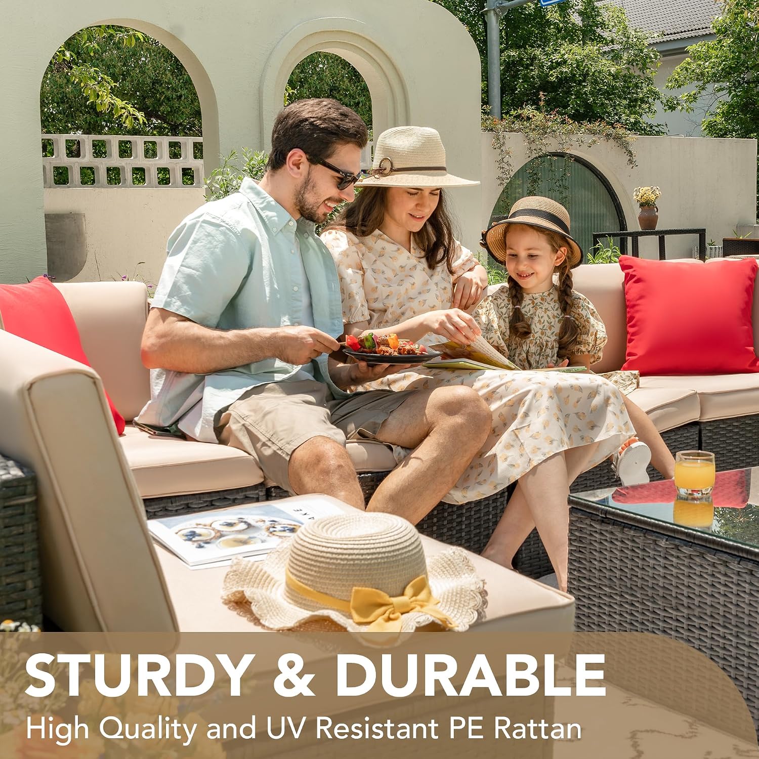 Devoko Patio Furniture Sets 6 Pieces Outdoor Sectional Rattan Sofa Manual Weaving Wicker Patio Conversation Set with Glass Table and Cushion (Beige)