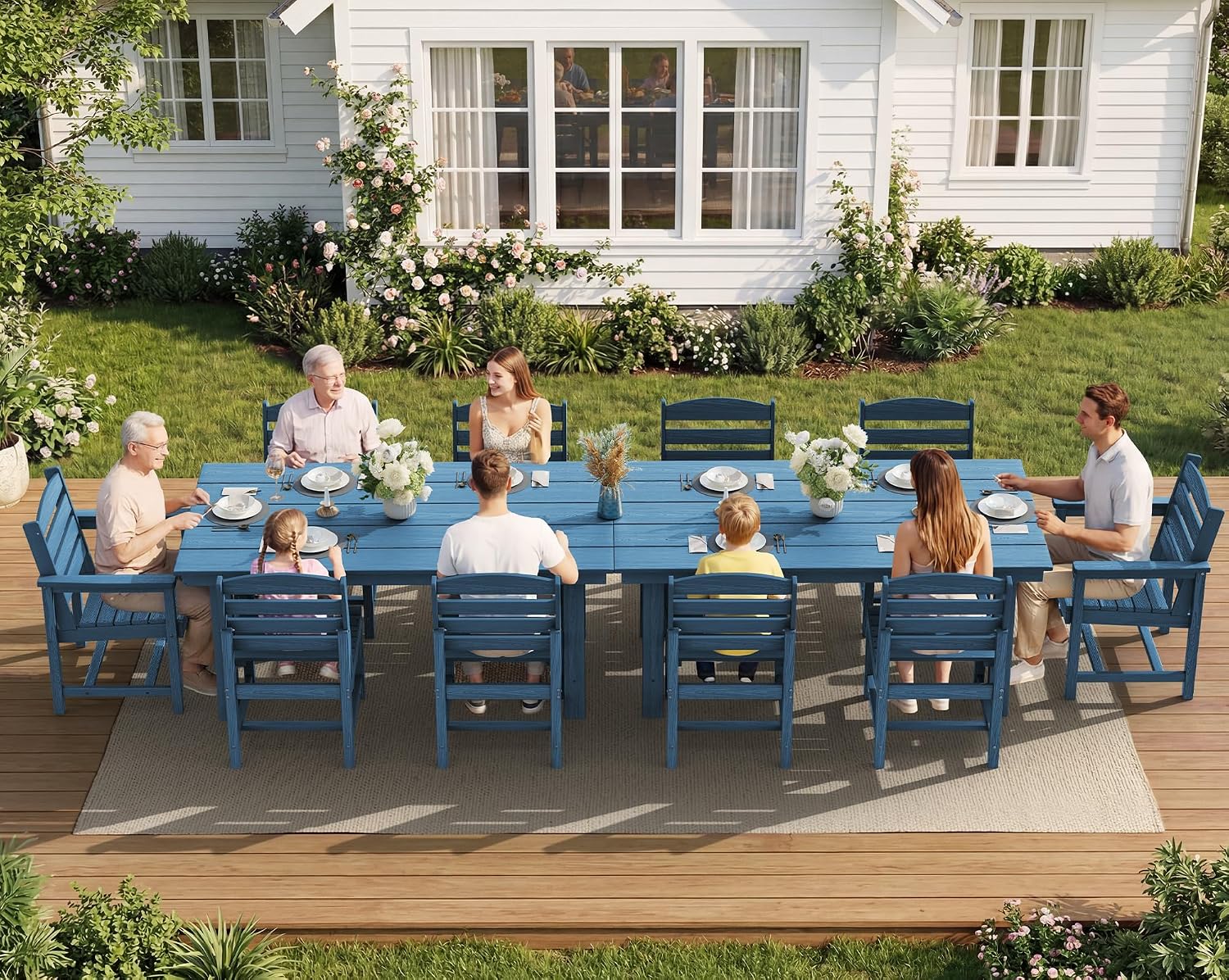 SERWALL Patio Dining Sets for 10 Person, HDPE Dining Set with 2 Tables, 8 Armless Chairs and 2 Armed Dining Chairs, Blue