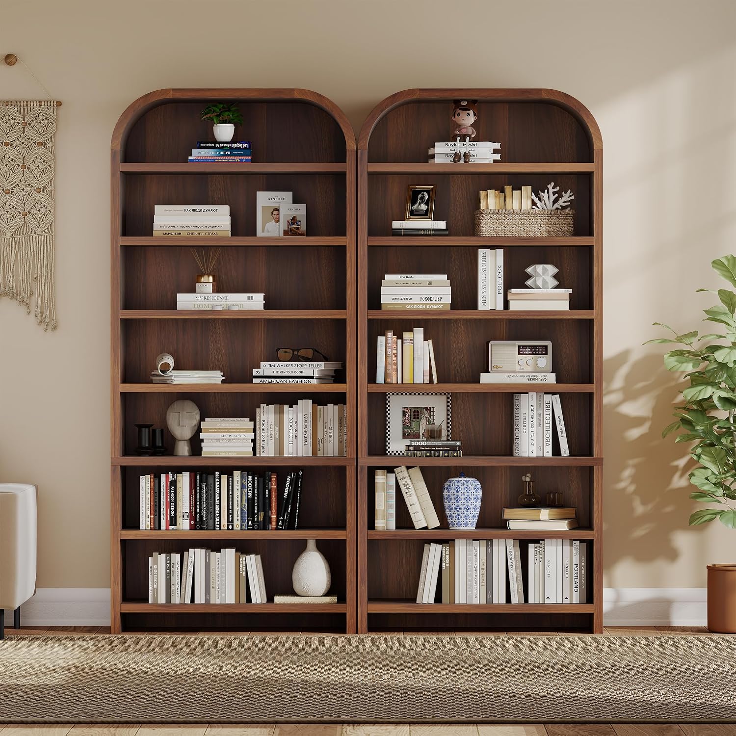 LEVNARY 70' Tall Arched Bookcase, 7-Tier Freestanding Storage Cabinet with Adjustable Shelves, Thick MDF Bookshelf for Bathroom Living Room Bedroom (Walnut)