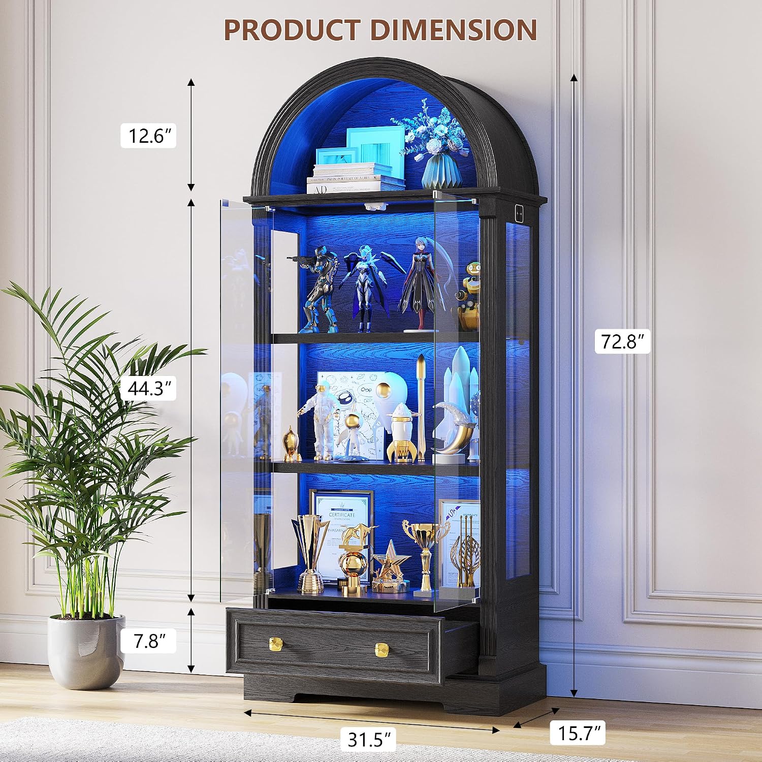 Black Curio Cabinet with Glass Doors, 72' Tall Arched Display Cabinet with Human Sensor Lights, 4-Tier Display Case for Collectibles Bookcase Living Room