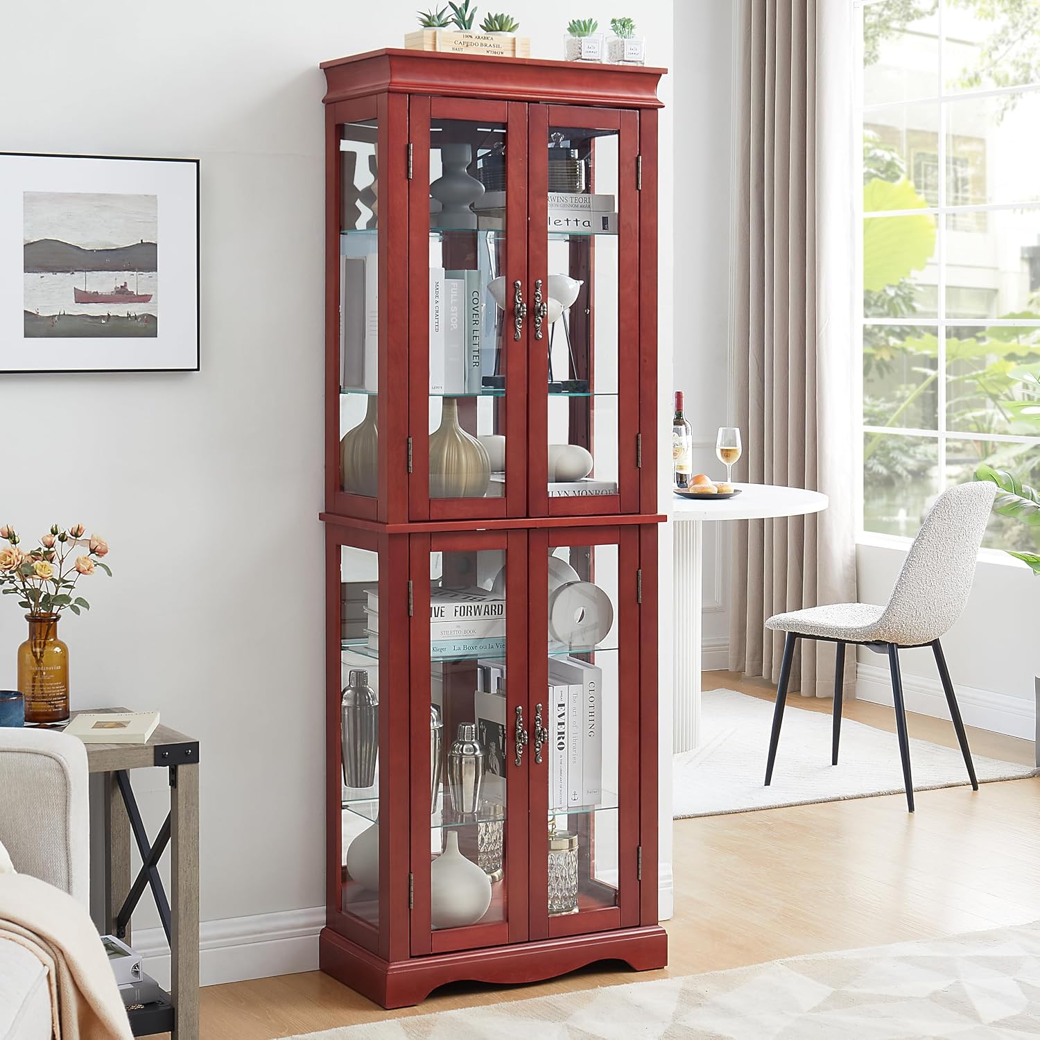 Lighted Glass Curio Cabinet with Lights & Adjustable Shelves,Curio Display Cabinet with Wood Frame,Corner Cabinet for Kitchen,Living Room,Office
