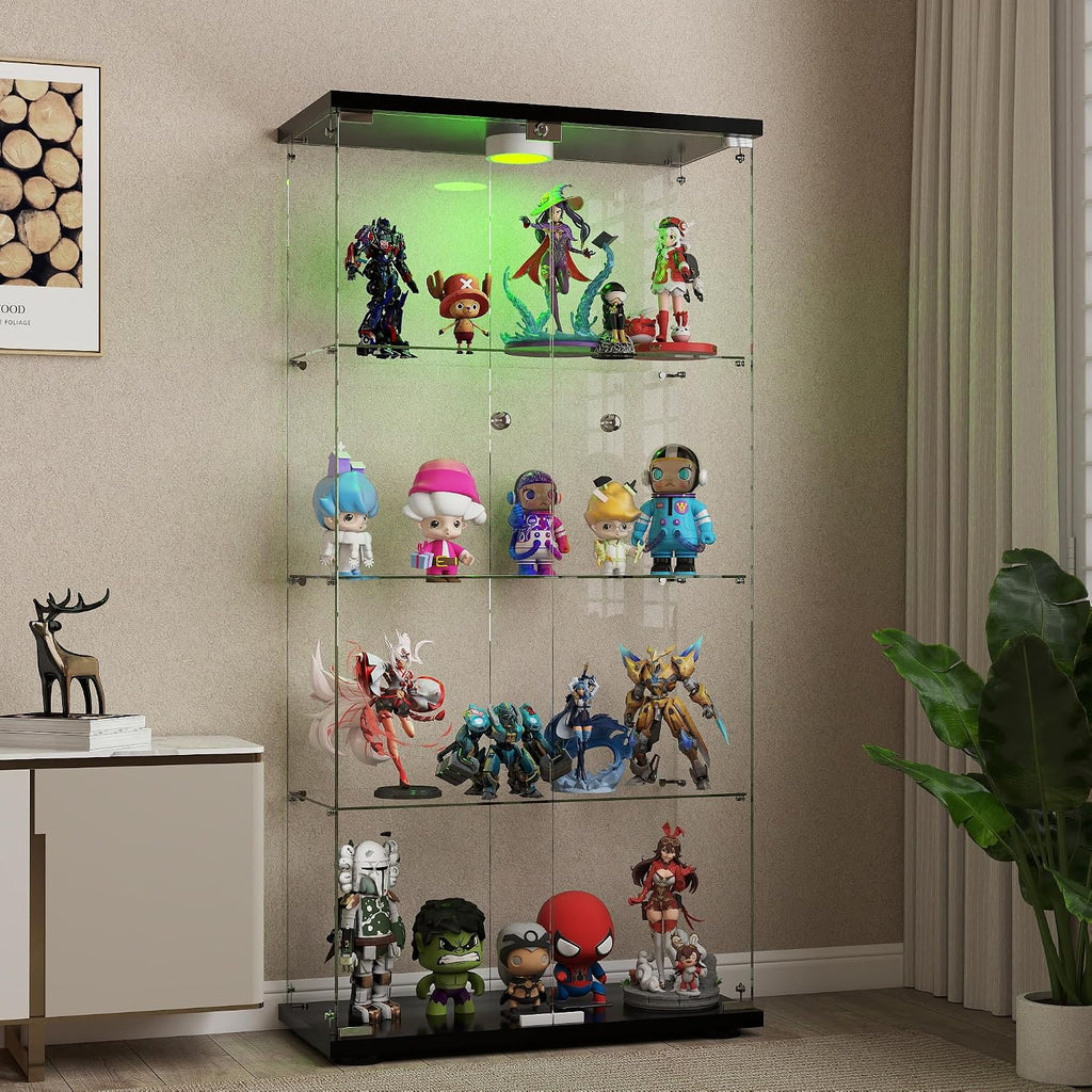 Glass Display Cabinet with LED Lights and Lock, 4-Shelf Tempered Glass Curio Cabinet with 2 Doors, Collectible Display Showcase for Living Room, Bedroom – Black
