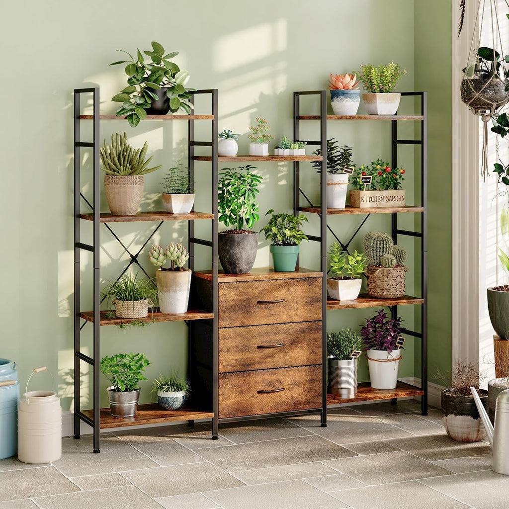 AFLUI Triple Bookshelf with 3 Fabric Drawers, 4-Tier Book Shelf and 10 Display Shelves, Industrial Large Bookcase for Home & Office, Rustic Brown, 59'' Wide