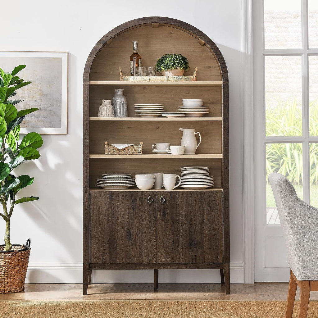 Modway Nolan Tall Arched Storage Display Cabinet in Dark Walnut - 74 Inch Arch Bookshelf with Open and Closed Shelving - Modern Accent Cabinet for Living Room, Dining Room