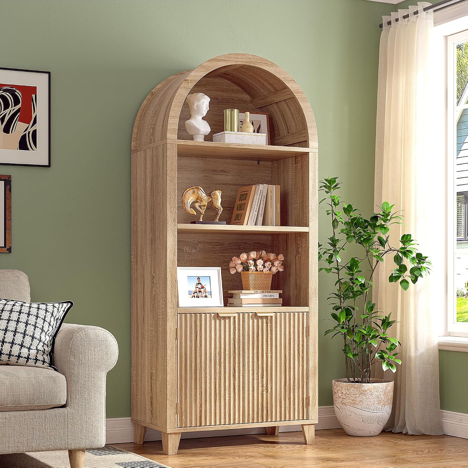 DurayLoly Book Shelf Arched Cabinet, 5-Tier Arched Bookcase with Doors and Adjustable Wood Shelves, Wooden Storage Cabinet with Open Display Shelf for Office,Living Room, Kitchen, Light Oak