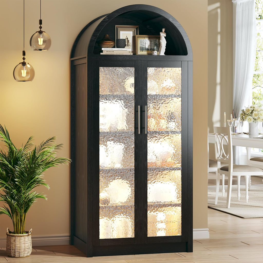 HUAHUU 71' Tall Arched Cabinet with 3 Color Lights, Kitchen Pantry Storage Cabinet with Glass Doors & Adjustable Shelves, Modern 6-Tier Display Cabinets for Living Room, Dining Room, Black