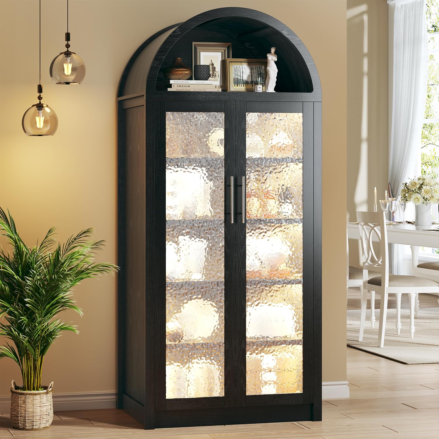 HUAHUU 71' Tall Arched Cabinet with 3 Color Lights, Kitchen Pantry Storage Cabinet with Glass Doors & Adjustable Shelves, Modern 6-Tier Display Cabinets for Living Room, Dining Room, Black