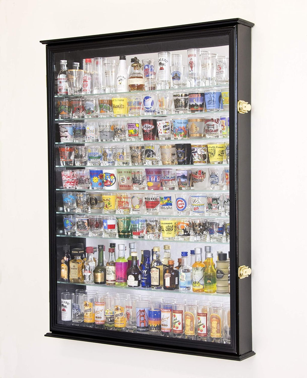 XL Shot Glass Display Case Rack Holder Cabinet w/Mirror Backed and 11 Glass Shelves -Black
