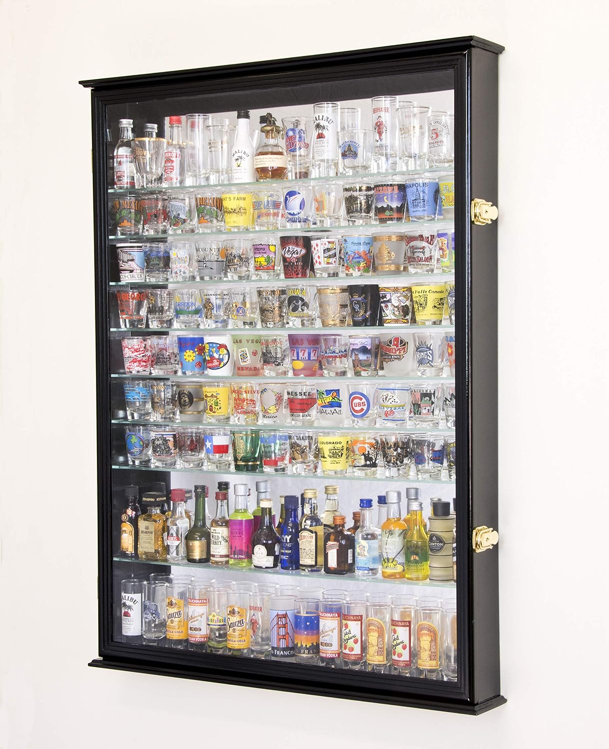 XL Shot Glass Display Case Rack Holder Cabinet w/Mirror Backed and 11 Glass Shelves -Black