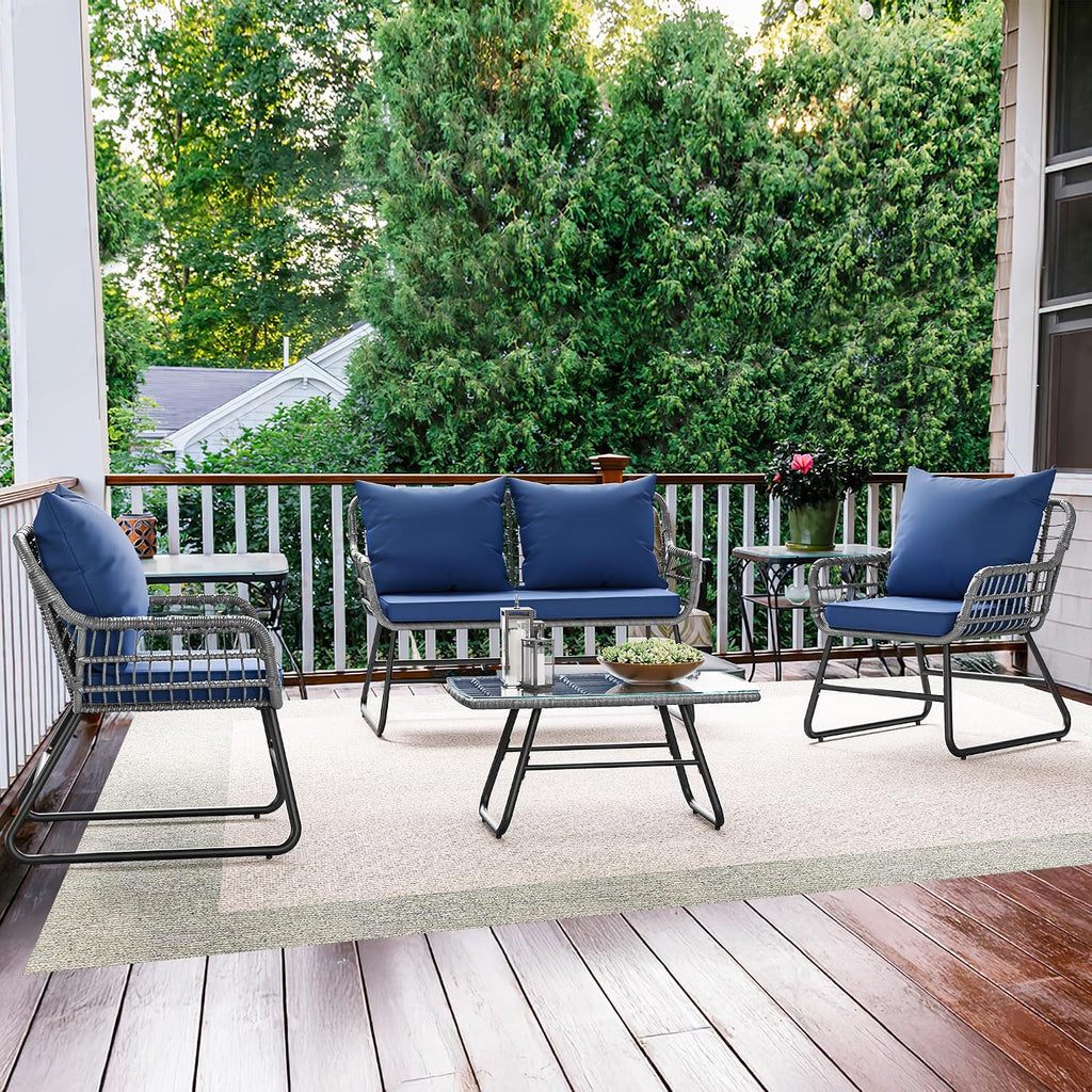 YITAHOME 4 Piece Patio Furniture Set, Wicker Outdoor Bistro Set, All Weather Rattan Patio Conversation Set with Soft Cushions and Glass Side Table for Backyard, Balcony, Deck - Navy Blue