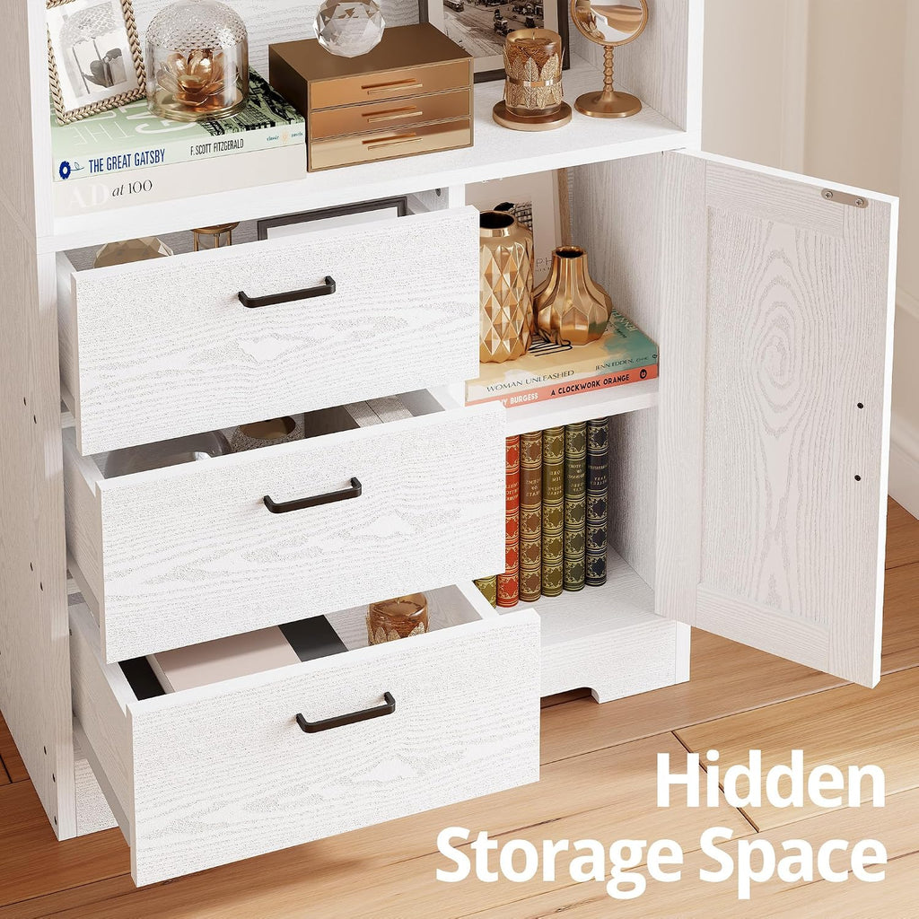 IRONCK Bookshelf with Drawers, 71 in Tall Bookcase with Doors and 3-Tier Shelves, for Bedroom Living Room Entrance Hallway Home Office