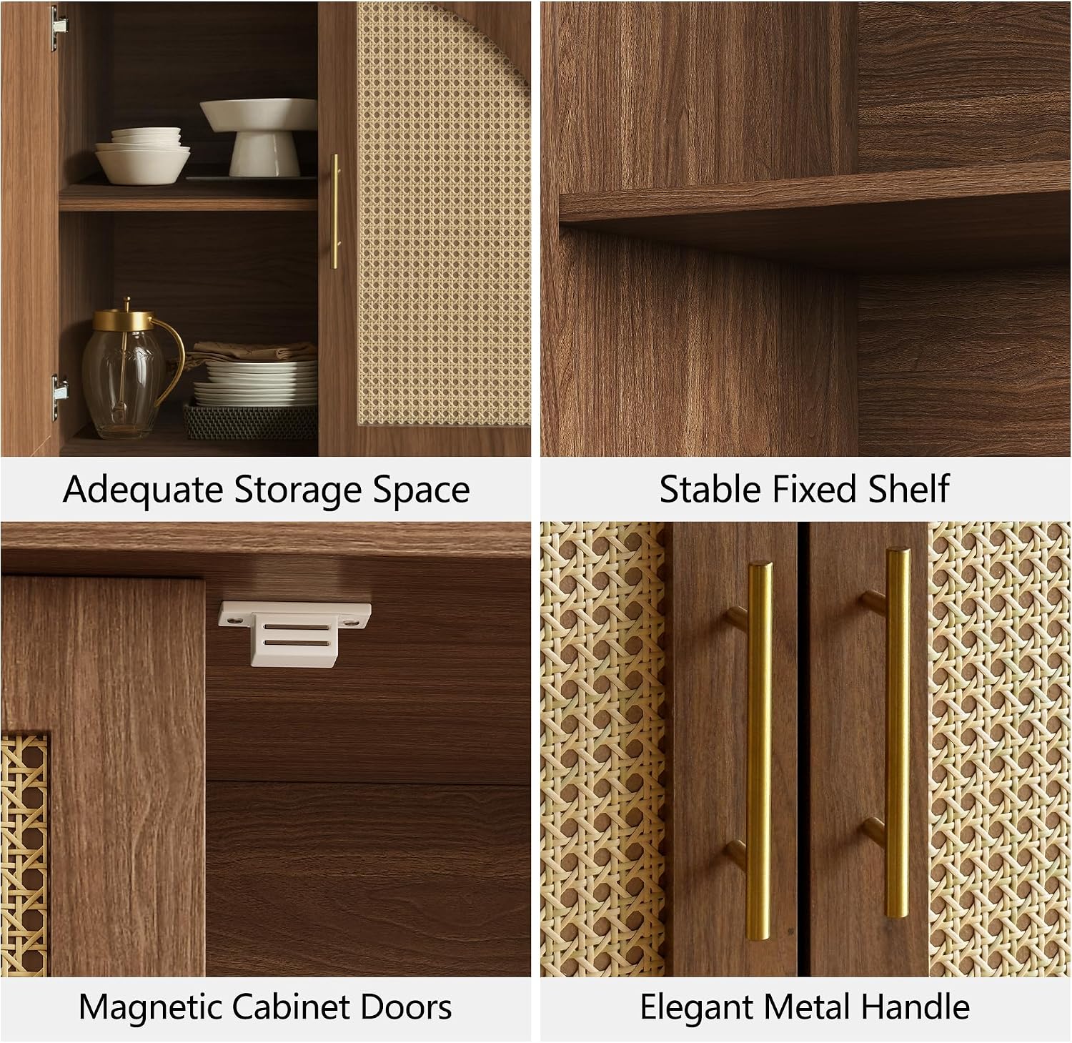 FORTUNETEC 63' Sideboard Buffet Cabinet with Storage, Modern Accent Cabinet with Rattan Arched Doors, Modular Media Console, Boho Credenza for Living Room Kitchen Dining Room Entryway, Walnut