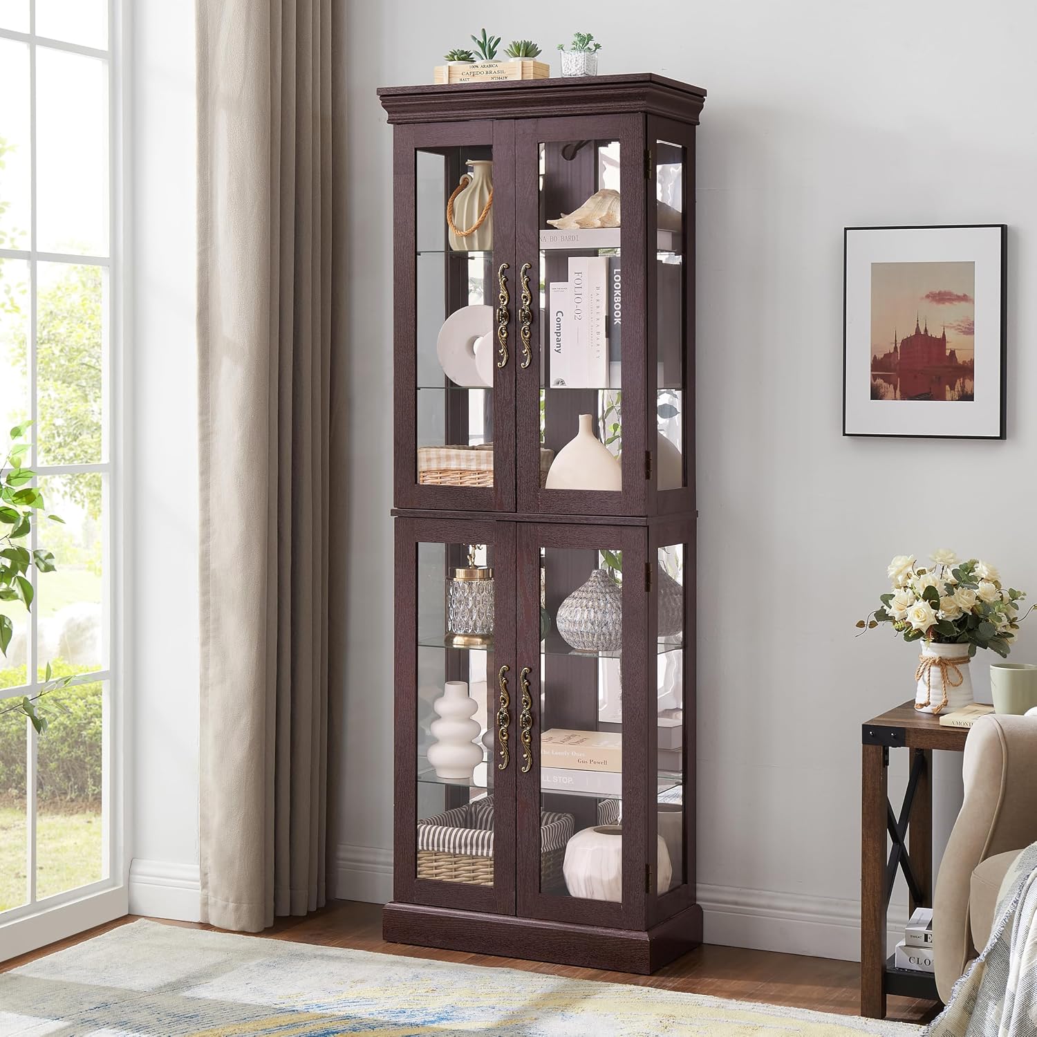 Lighted Glass Curio Cabinet with Lights & Adjustable Shelves,Curio Display Cabinet with Wood Frame,Corner Cabinet for Kitchen,Living Room,Office(Free Standing,Light Bulb Include)