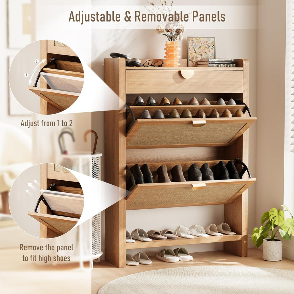 INNOD Rattan Shoe Storage Cabinet, Shoe Organizer with 2 Flip Drawers, Narrow Shoe Cabinet, Free Standing Hidden Shoe Storage, Shoe Rack for Entryway/Hallway/Closet, Natural Oak