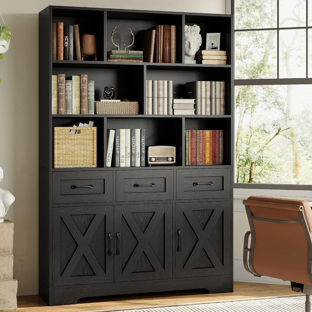 IRONCK Bookshelf with Drawers & Doors, Tall Bookshelf, Bookcase with Cabinets for Home Office, Living Room, Black