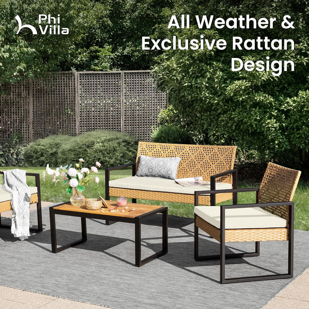 PHI VILLA Wicker Patio Furniture Set for 4, Rattan Small Patio Loveseat and Chairs with Acacia Wood Coffee Table, Outdoor Conversation Set with Cushion, Front Porch Furniture for Deck, Yard, Garden